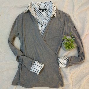 Gray jersey long sleeved faux wrap top