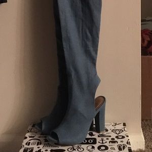 Thigh high denim open toe boots by Bamboo!