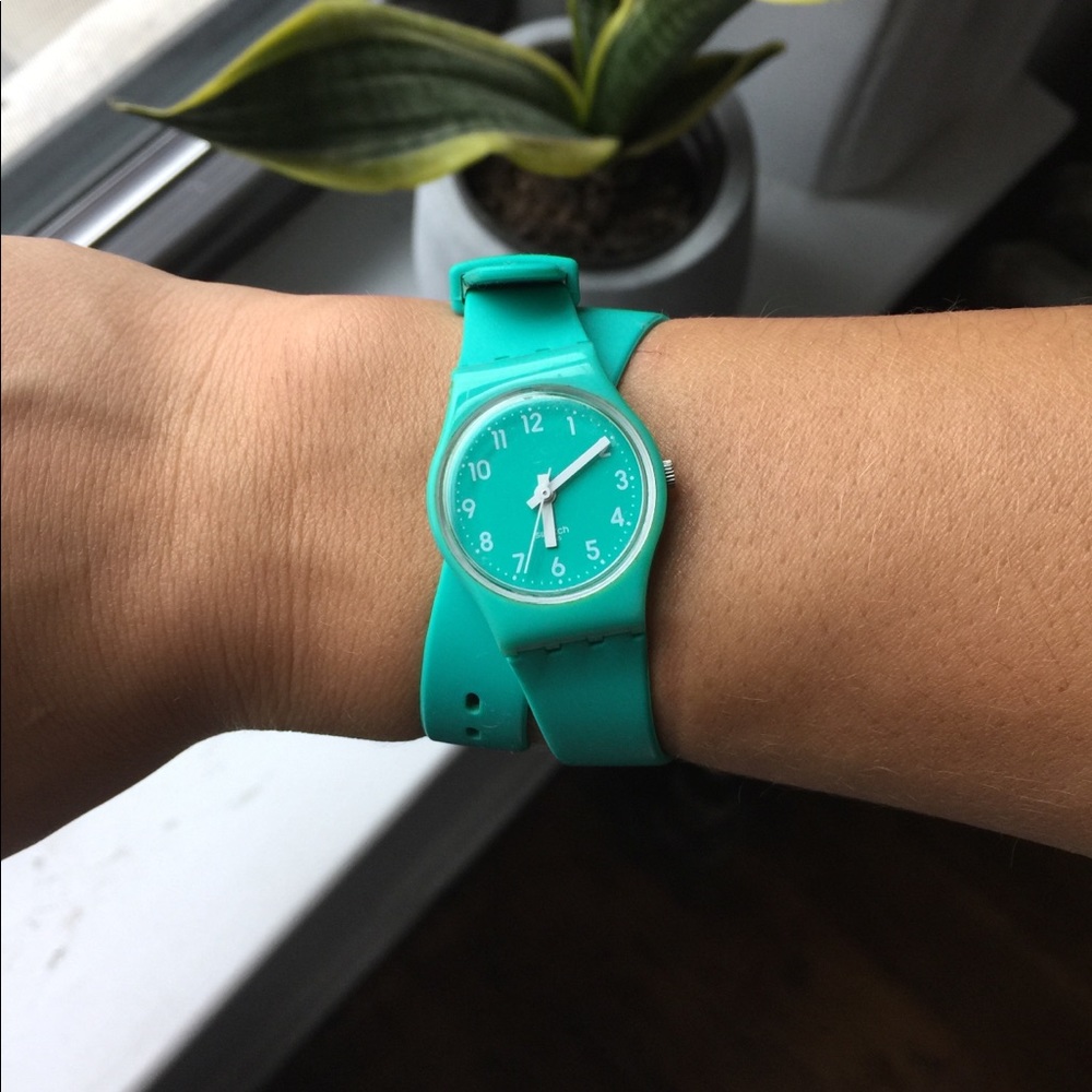 Swatch LL115 double wrap turquoise dial watch