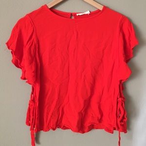 Red side tie cropped shirt