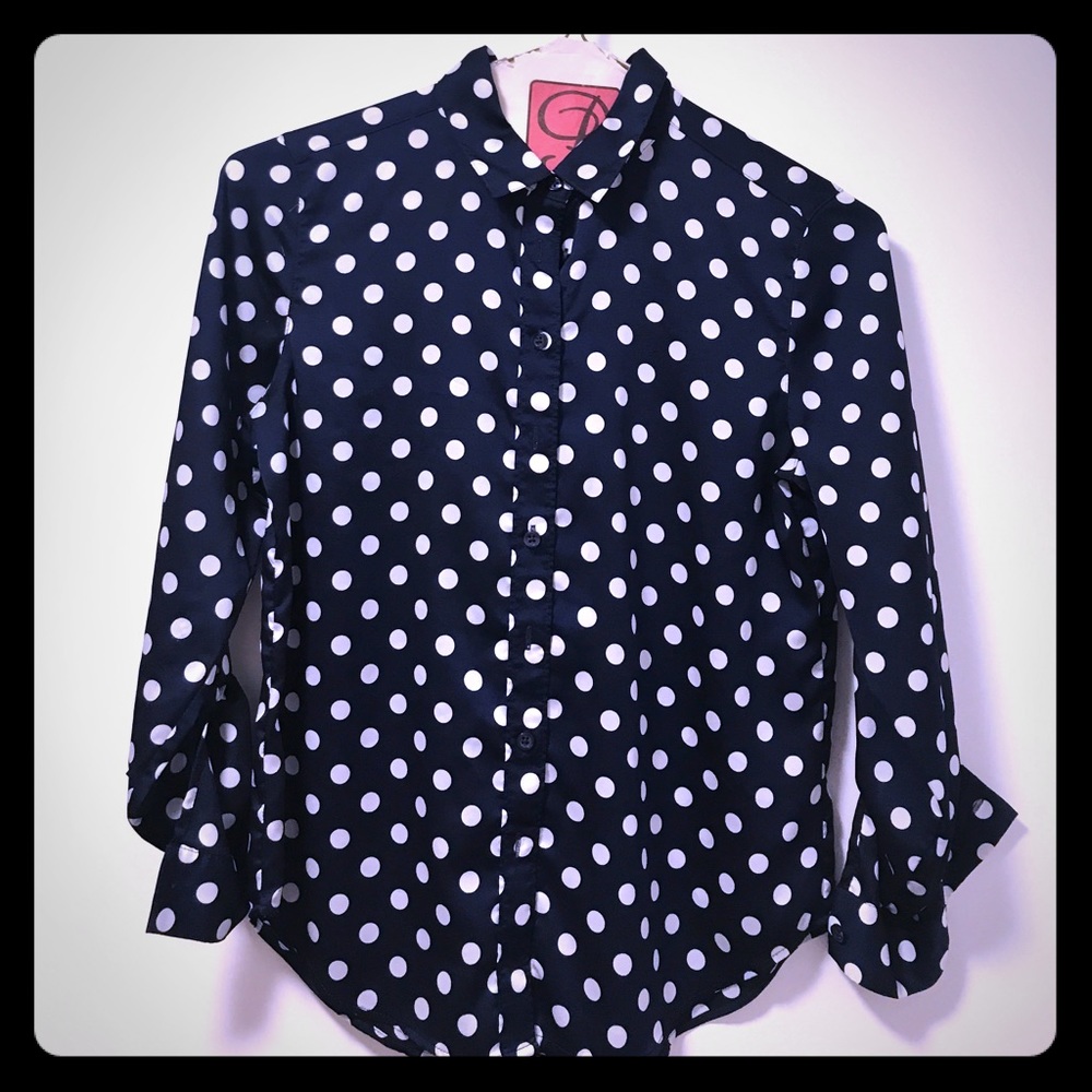 Gorgeous Ann Taylor blue & white polka dot blouse