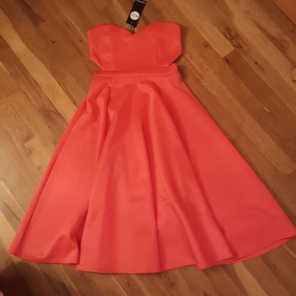 Boohoo Coral Strapless Dress