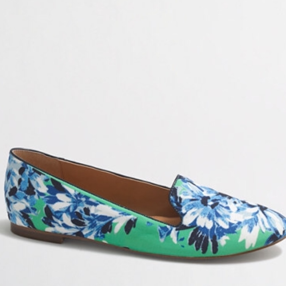 J Crew Green and Blue Floral Cora Flats