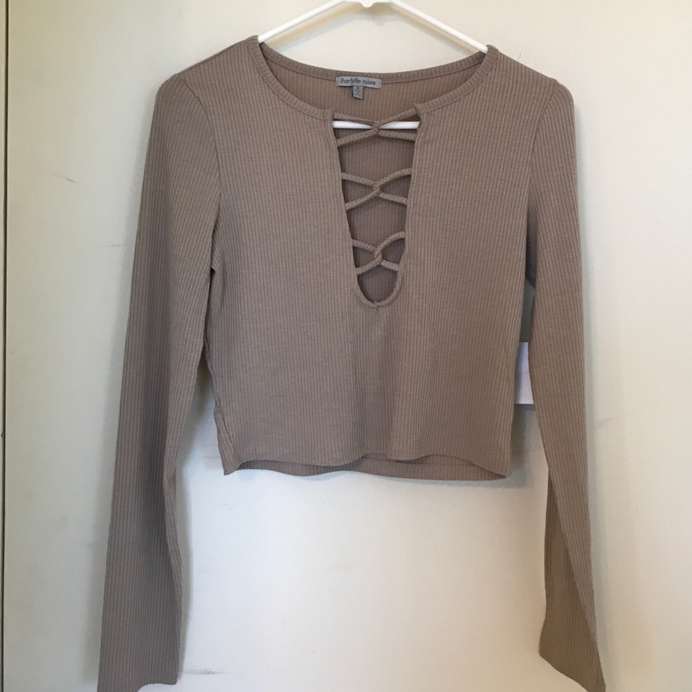 Lace up taupe long sleeve crop top