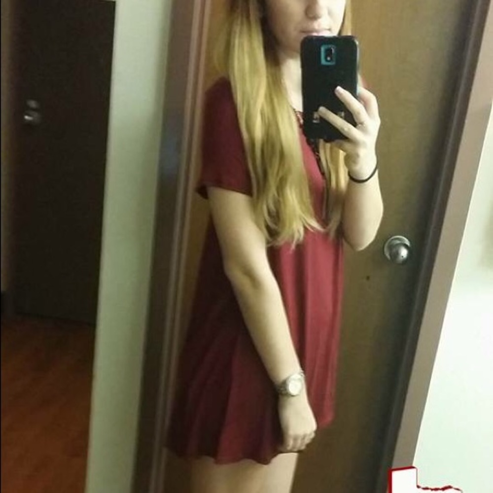Maroon t-shirt dress.