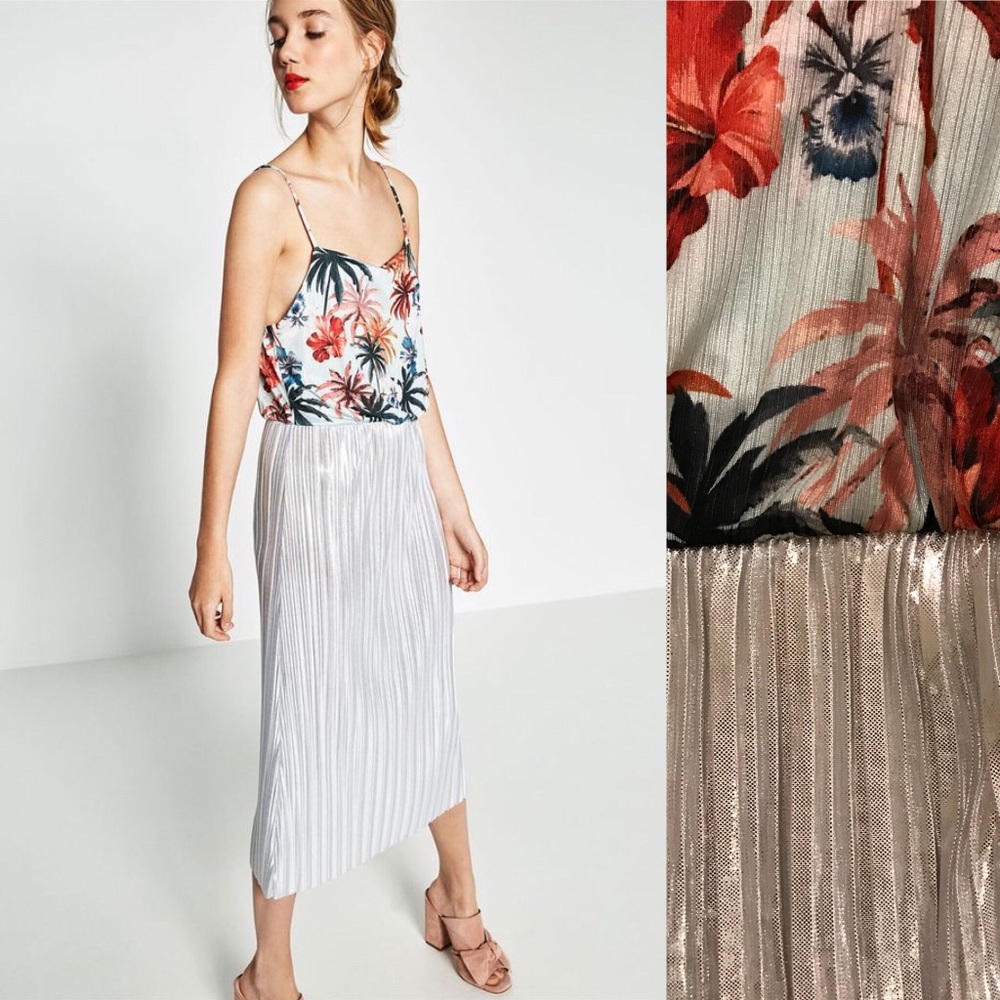 Zara Metallic Pleated Midi Dress w/ Printed Top S