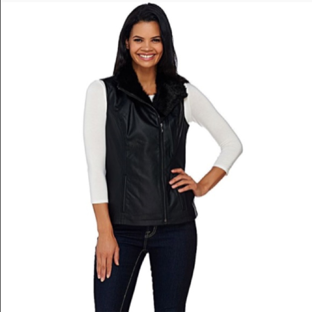 Dennis Basso Vest Leather Moto Faux Fur Sleeveless - Picture 1 of 7
