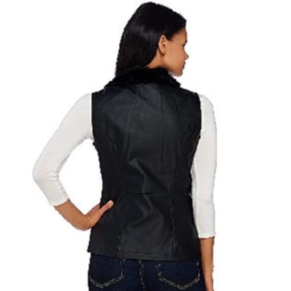 Dennis Basso Vest Leather Moto Faux Fur Sleeveless - Picture 2 of 7