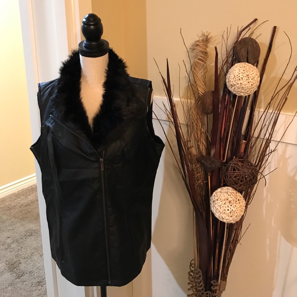 Dennis Basso Vest Leather Moto Faux Fur Sleeveless - Picture 3 of 7