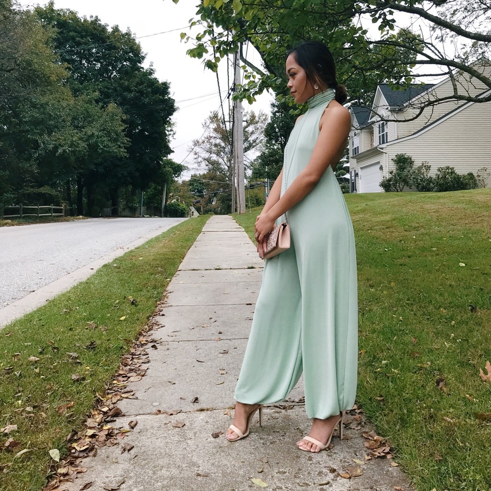 Teal backless halter jumpsuit |