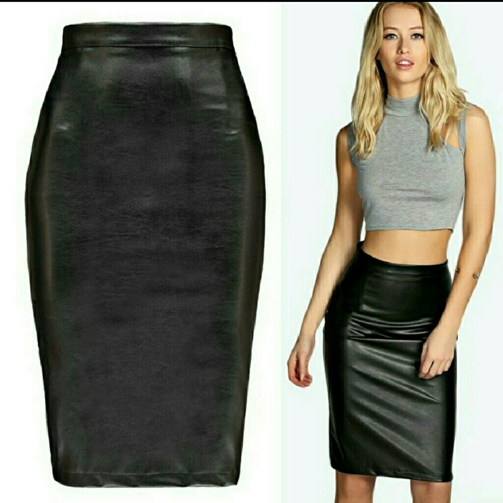 Black Faux Leather Pencil Skirt - Picture 3 of 4