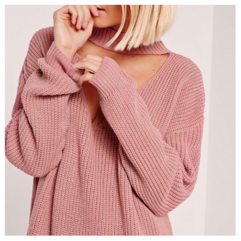 NWT S M Dusty Rose Mauve Neck Choker Slit Sweater