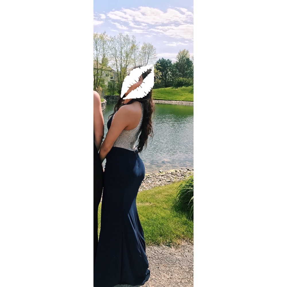 XSCAPE navy blue beaded halter gown