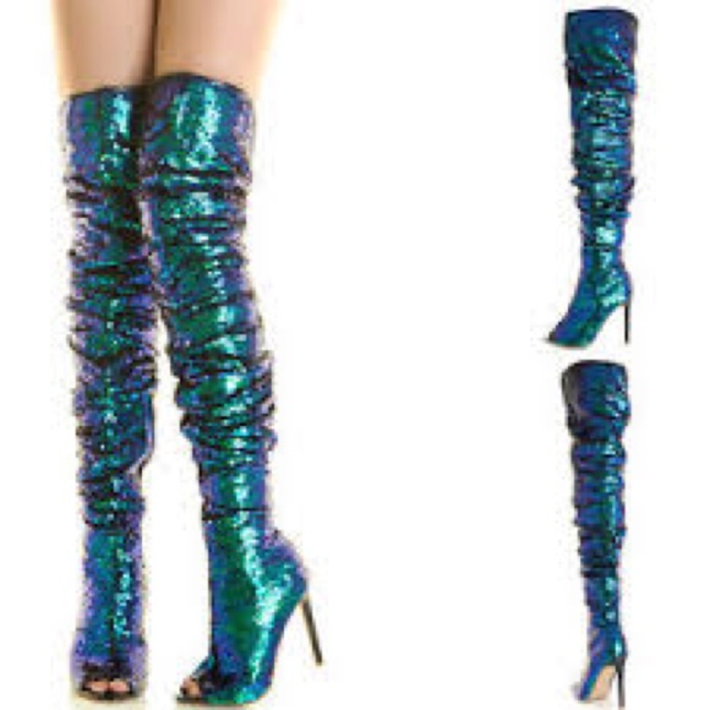 Teal/Blue Sequin Thigh High Boots