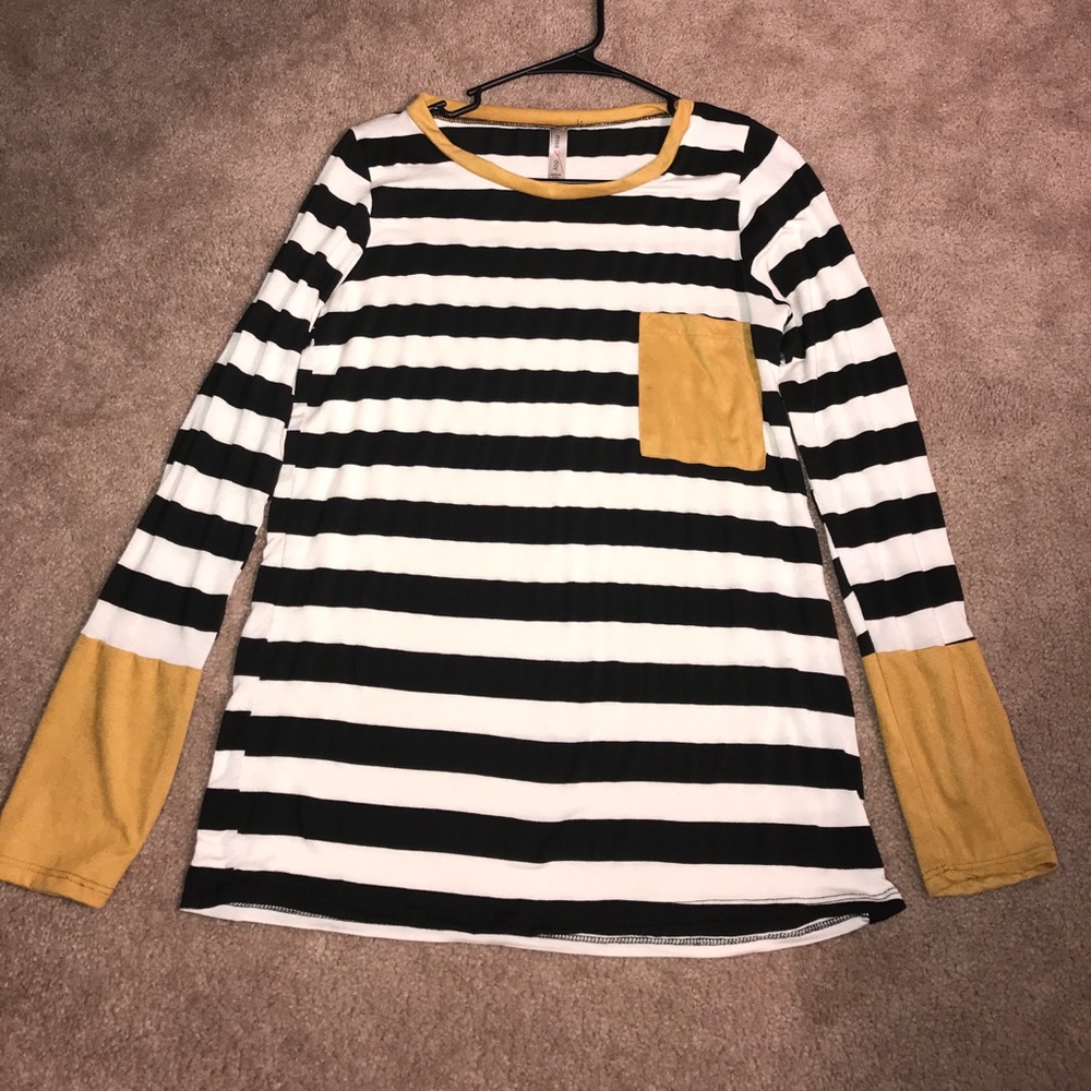 Stripe shirt with mustard pocket and sleeves!