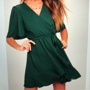 Flutter sleeve forest green wrap dress