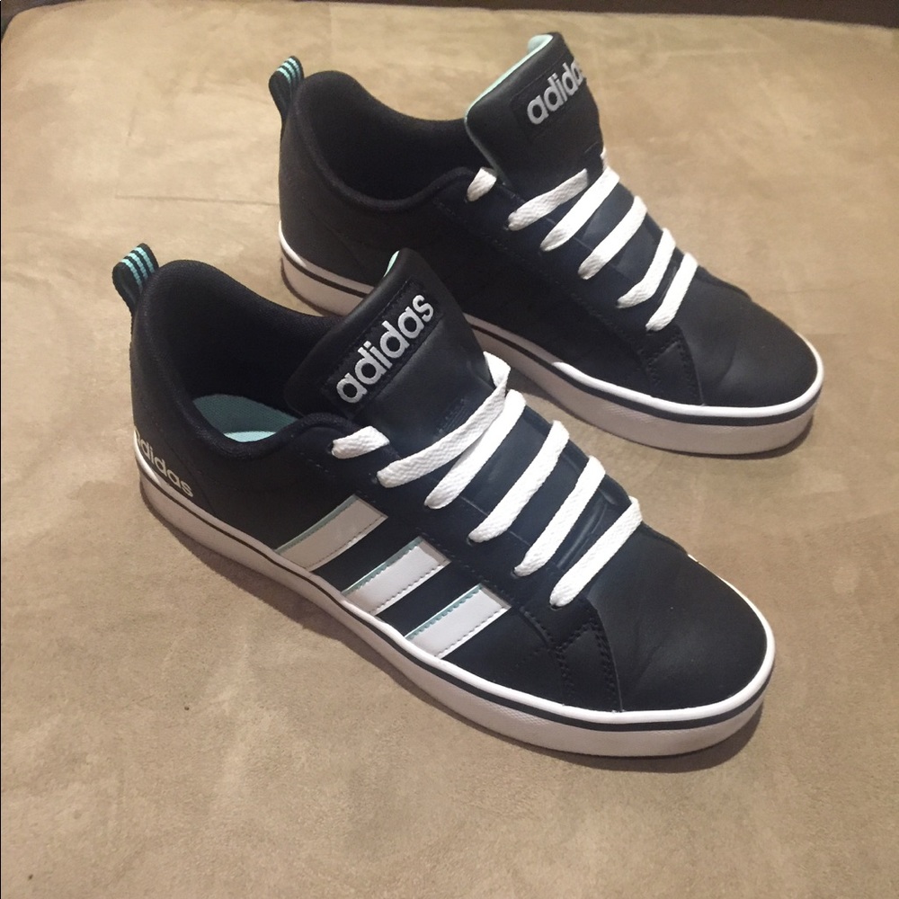 Black white+blue adidas shoes