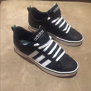 Black white+blue adidas shoes