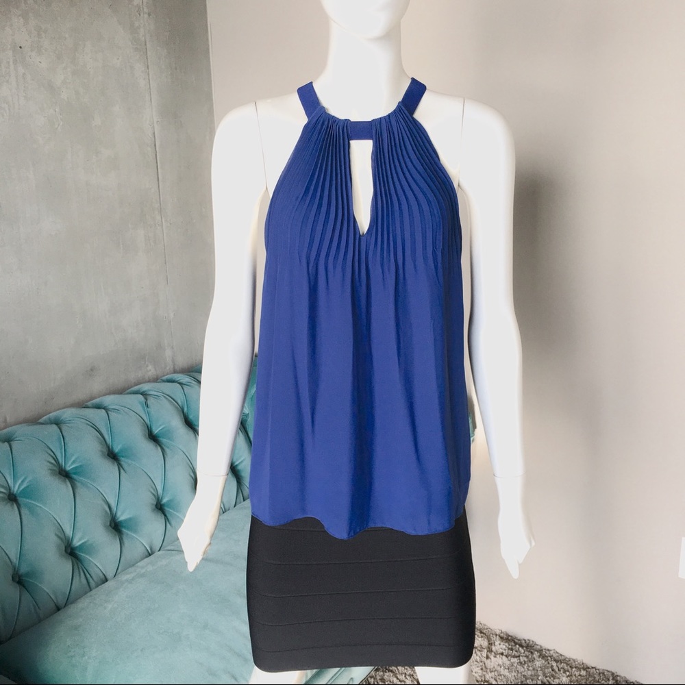 NWT Bebe Pleated Keyhole Blouse, XS, Cobalt Blue