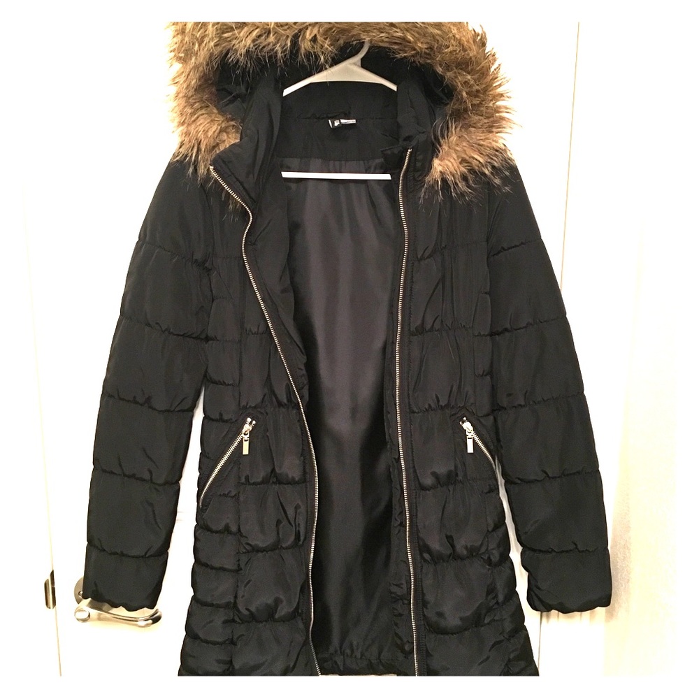 H&M Black Puffy Jacket with Fur Hoodie