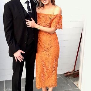 Lace Bardot Midi Pencil Dress- Cocktail Attire