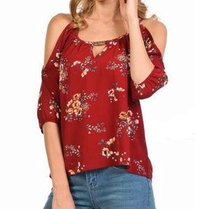 Off Shoulder Top  Floral Print Red Small