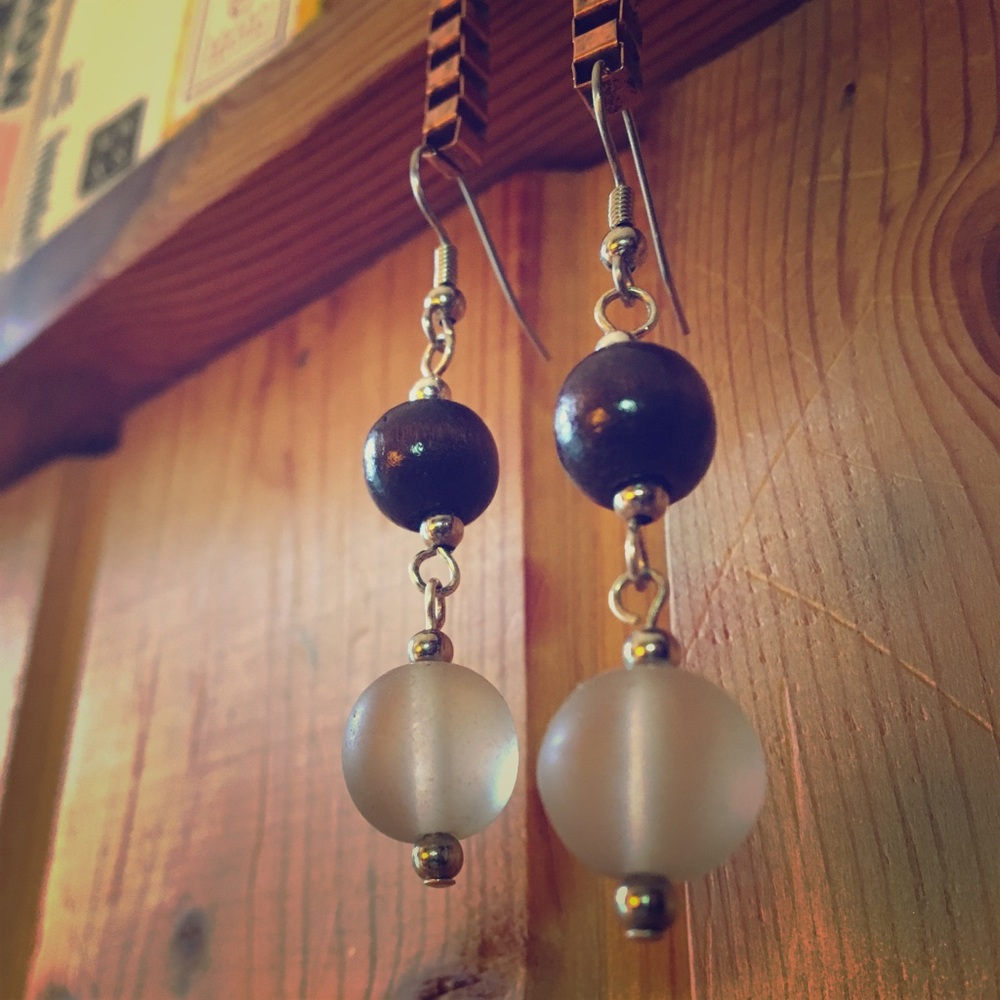 Handmade Frosted Glass & Wood Bead Drop Earrings