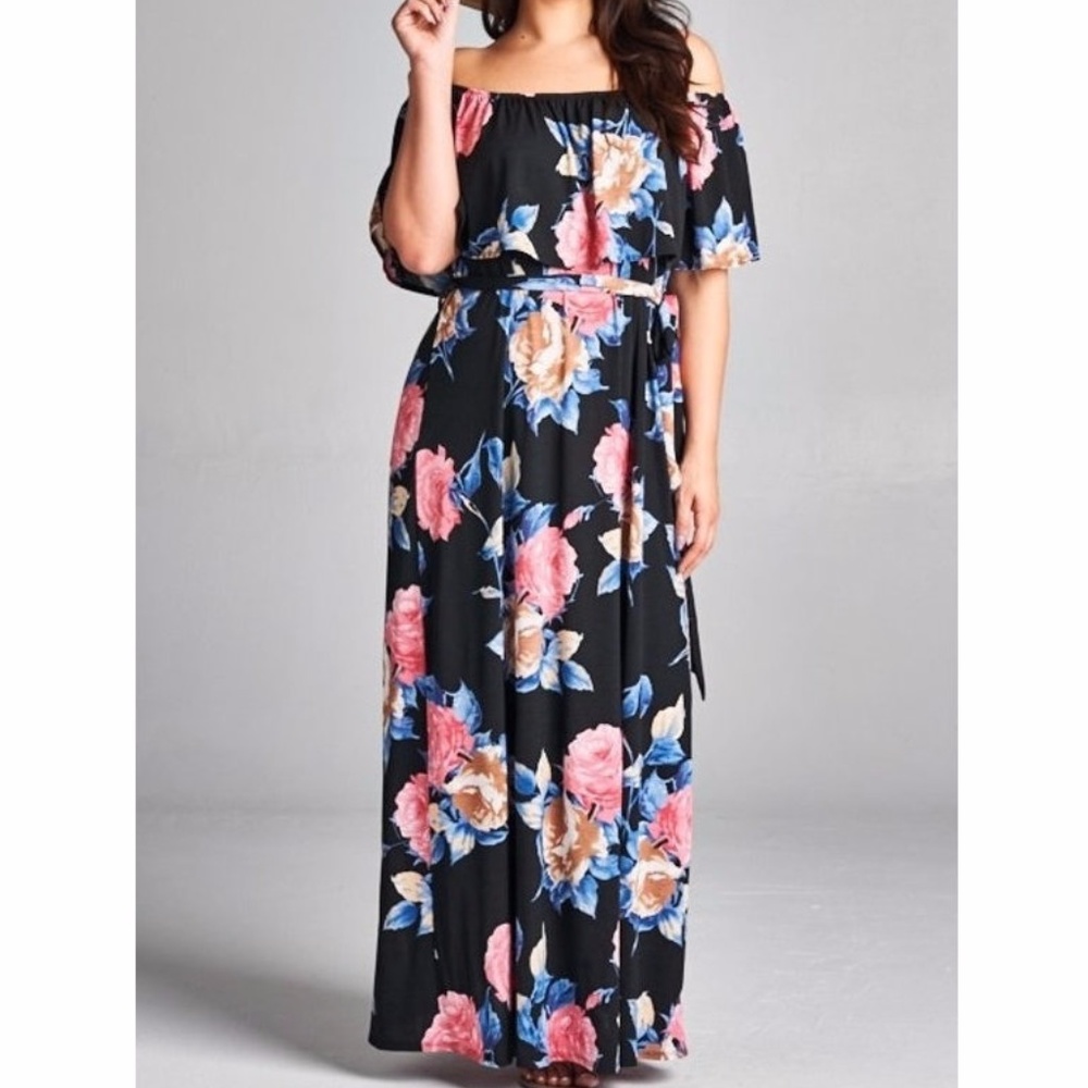 Plus Size Black Pink Floral Off Shoulder Ruffle Boho Maxi Dress - Picture 2 of 4