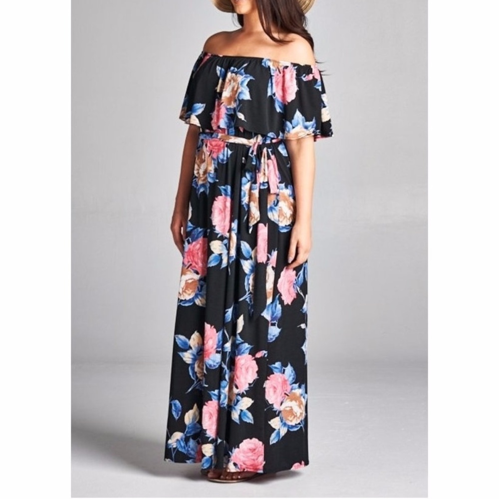 Plus Size Black Pink Floral Off Shoulder Ruffle Boho Maxi Dress - Picture 3 of 4