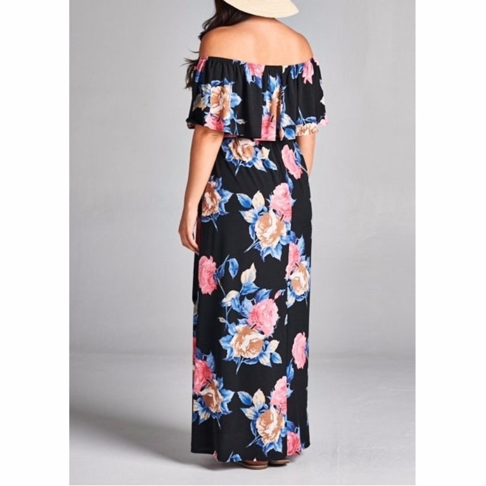 Plus Size Black Pink Floral Off Shoulder Ruffle Boho Maxi Dress - Picture 4 of 4