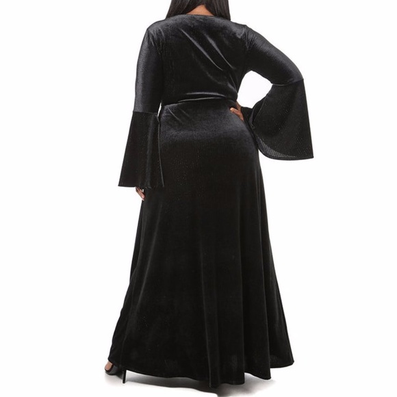FAUX-WRAP CHIFFON DRESS WITH BLACK Sash Black Plus Size