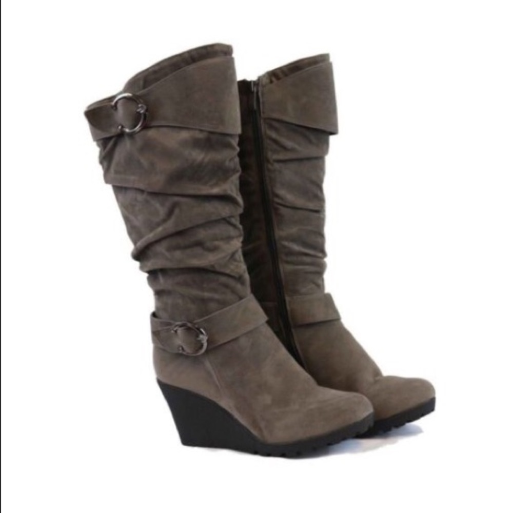 New Grey Mid Calf Suede Wedge Heel Boot