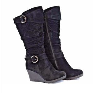New Black Mid Calf Suede Wedge Heel Boot