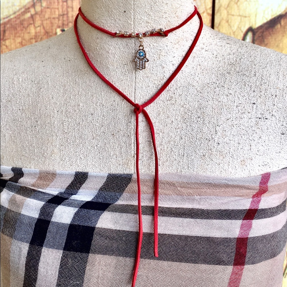 Handmade Red wrap around hamsa evil eye choker.