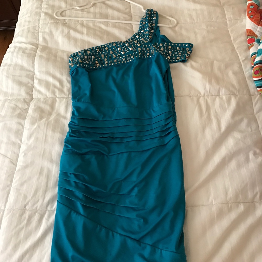 Blue one shoulder detail dress. Size small