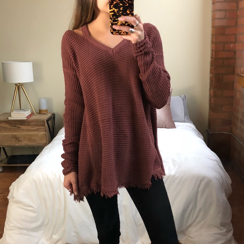 1 LEFT  - Cold Shoulder Fringe Sweater - Picture 4 of 4