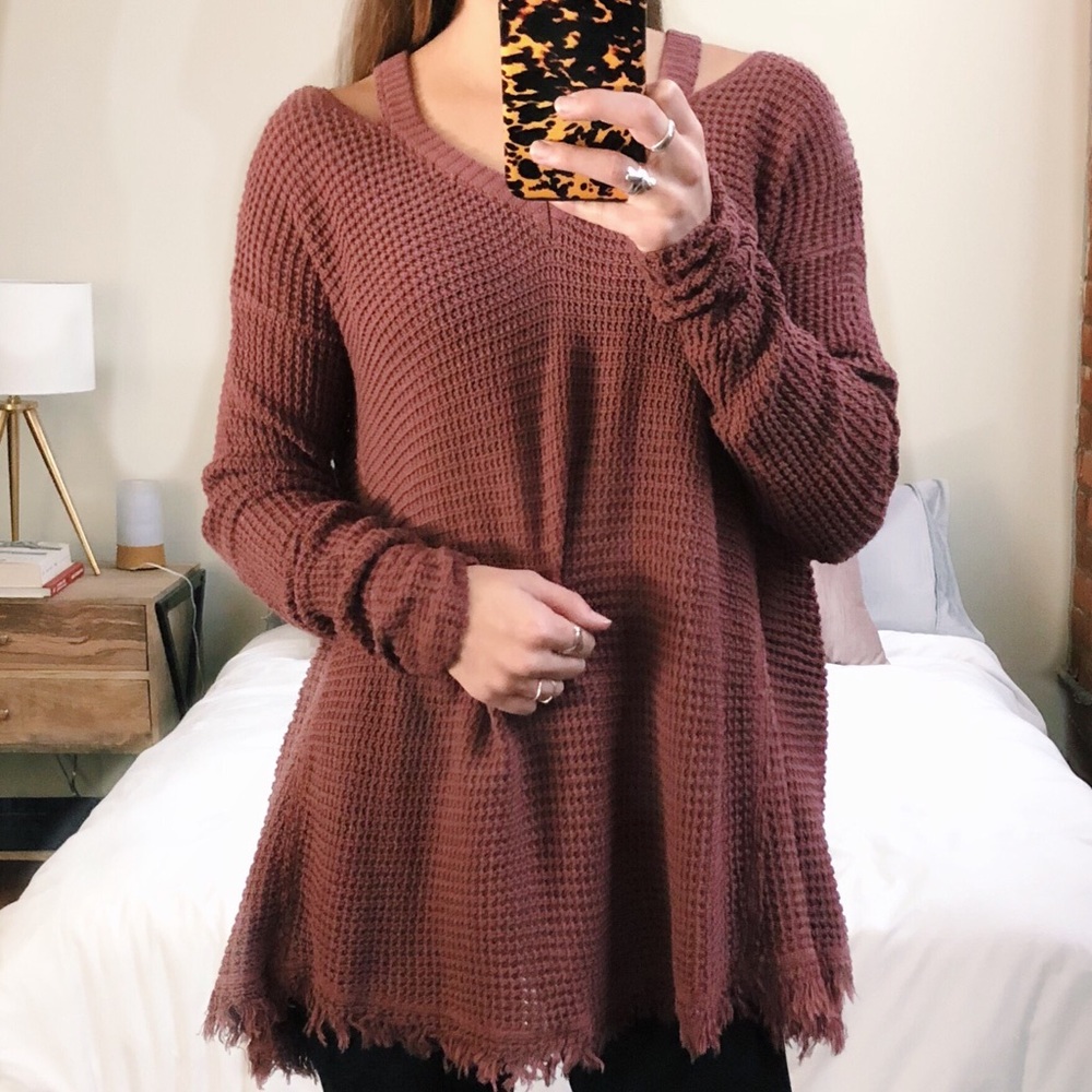 1 LEFT  - Cold Shoulder Fringe Sweater - Picture 2 of 4