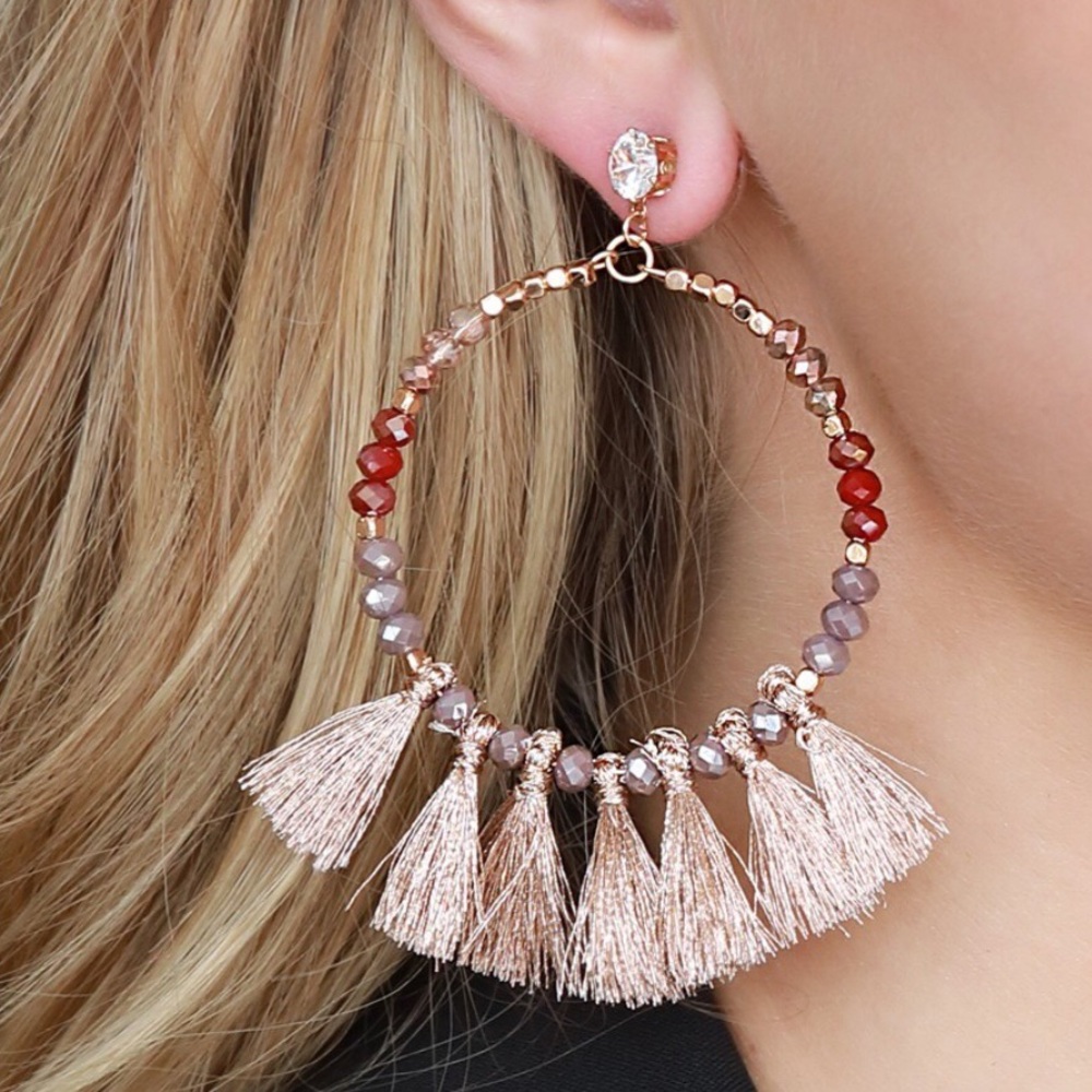 ✨ Beaded Tassel Fringe Dangle Hoop Post Earrings