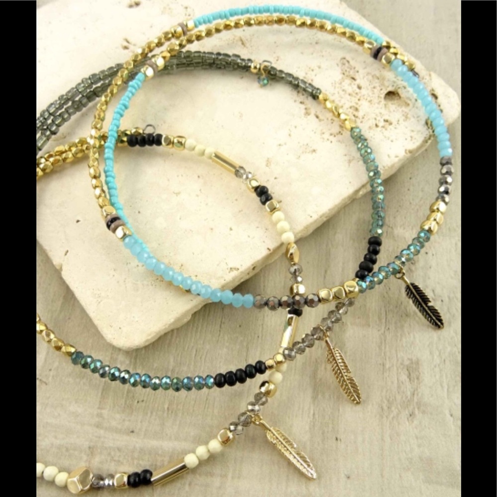 Memory Wire Beaded Wrap Feather Choker Necklace