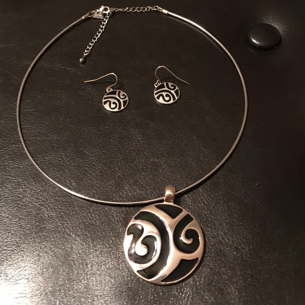 Silver tones/ black necklace and matching earrings