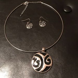 Silver tones/ black necklace and matching earrings