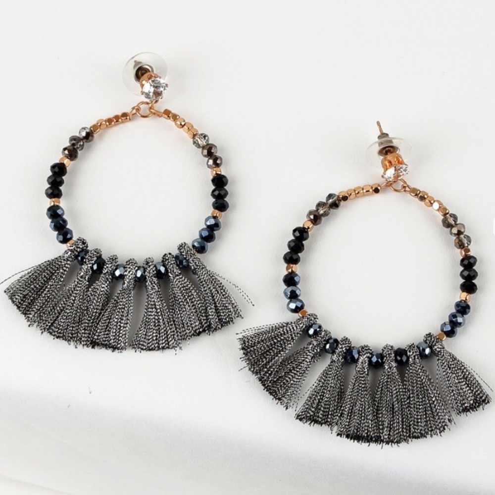 Hematite Grey Beaded Fringe Tassel Hoop Earrings
