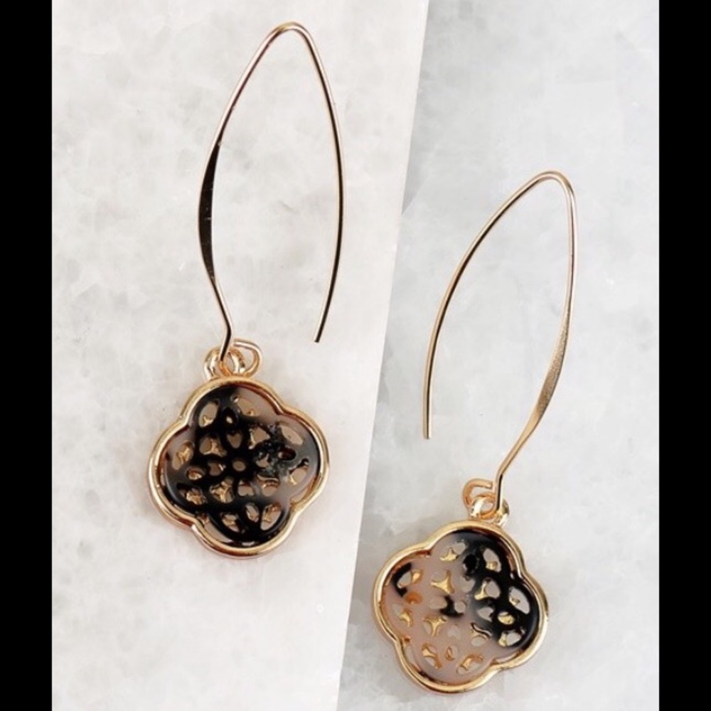 Tortoise Clover Gold Tone Kidney Dangle Earrings