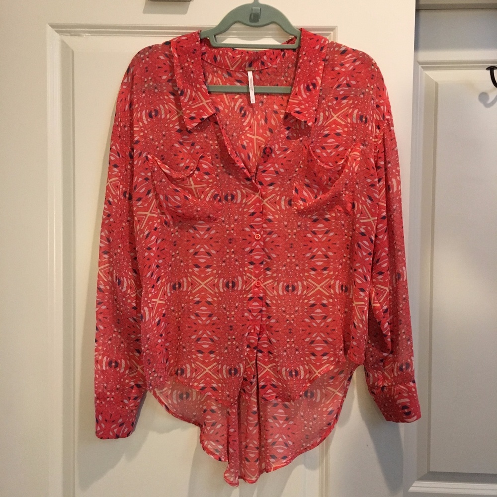 Free People Coral Geometric Print Button Blouse