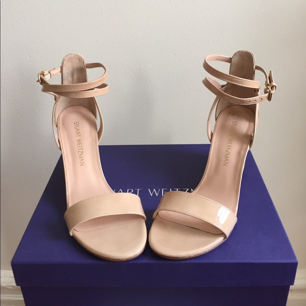 Stuart Weitzman Nude Patent Strappy Wedge Sandal