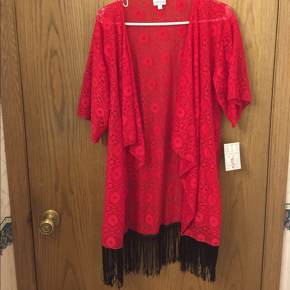 NWOT Lularoe Monroe Kimono. Red with black fringe.