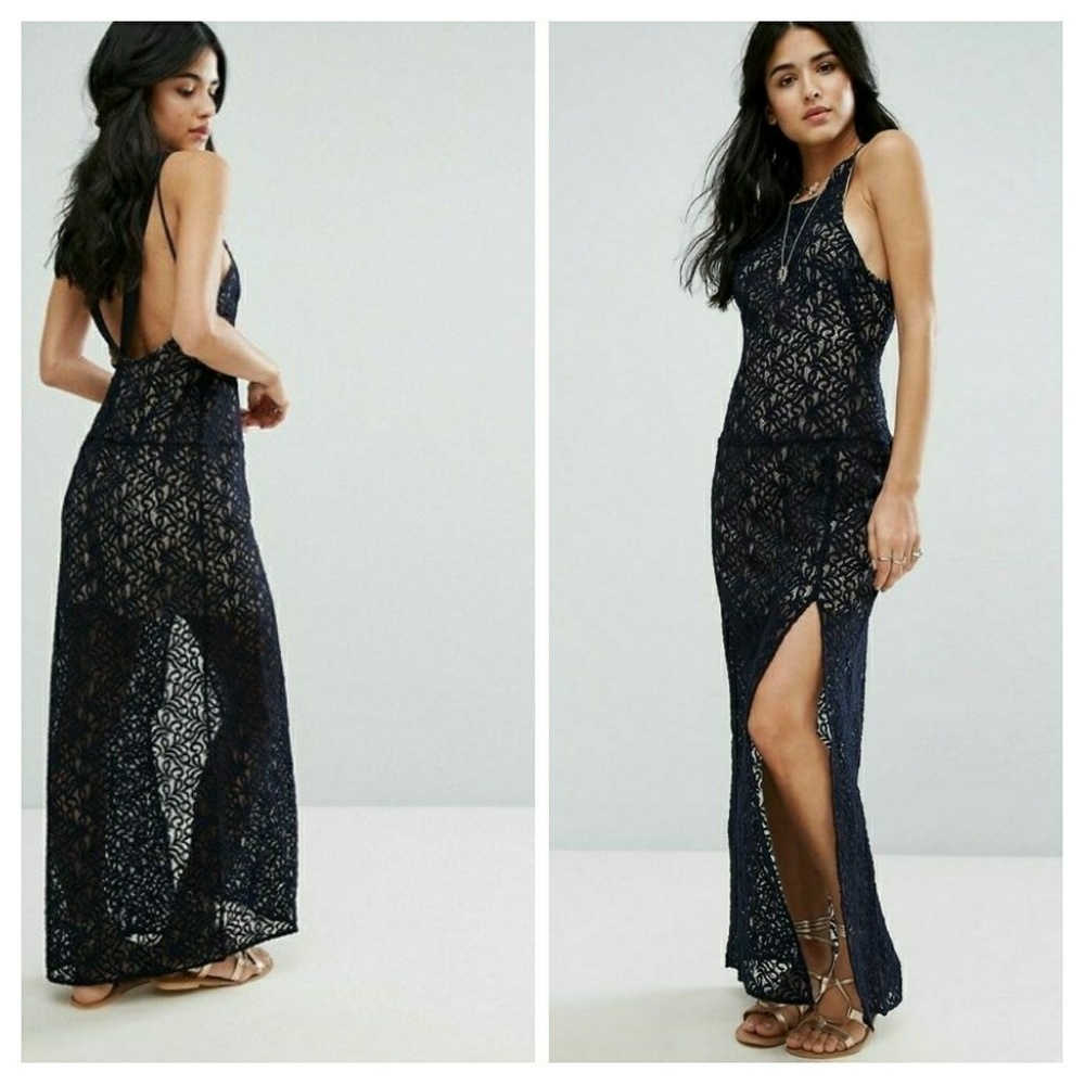 Free People Simply Lace Column Maxi Dress in Dark - Picture 3 of 9