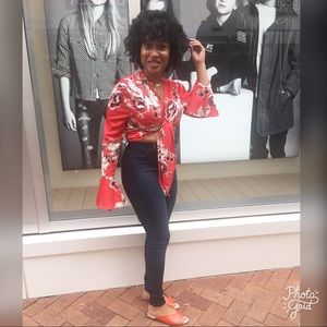 Tie front blouse with bell sleeves.