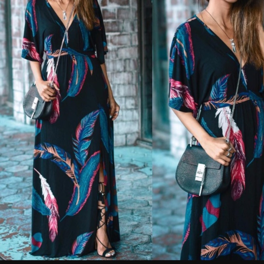 Express Empire Waist Feather Patterned Dress