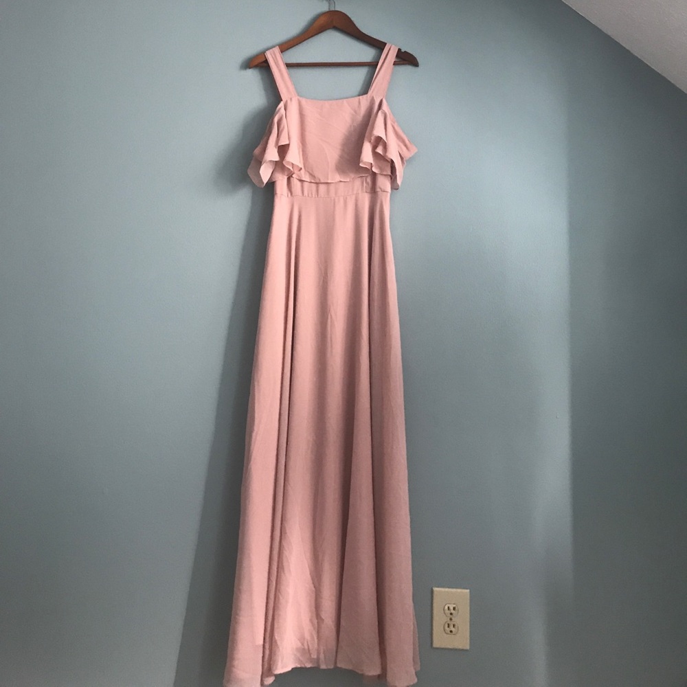 Off the shoulder bridesmaid dress.